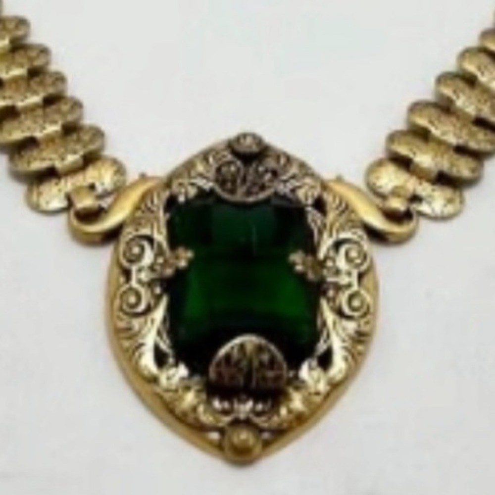 CAbi Gold Necklace with Large Green Centerpiece long textured wide necklace